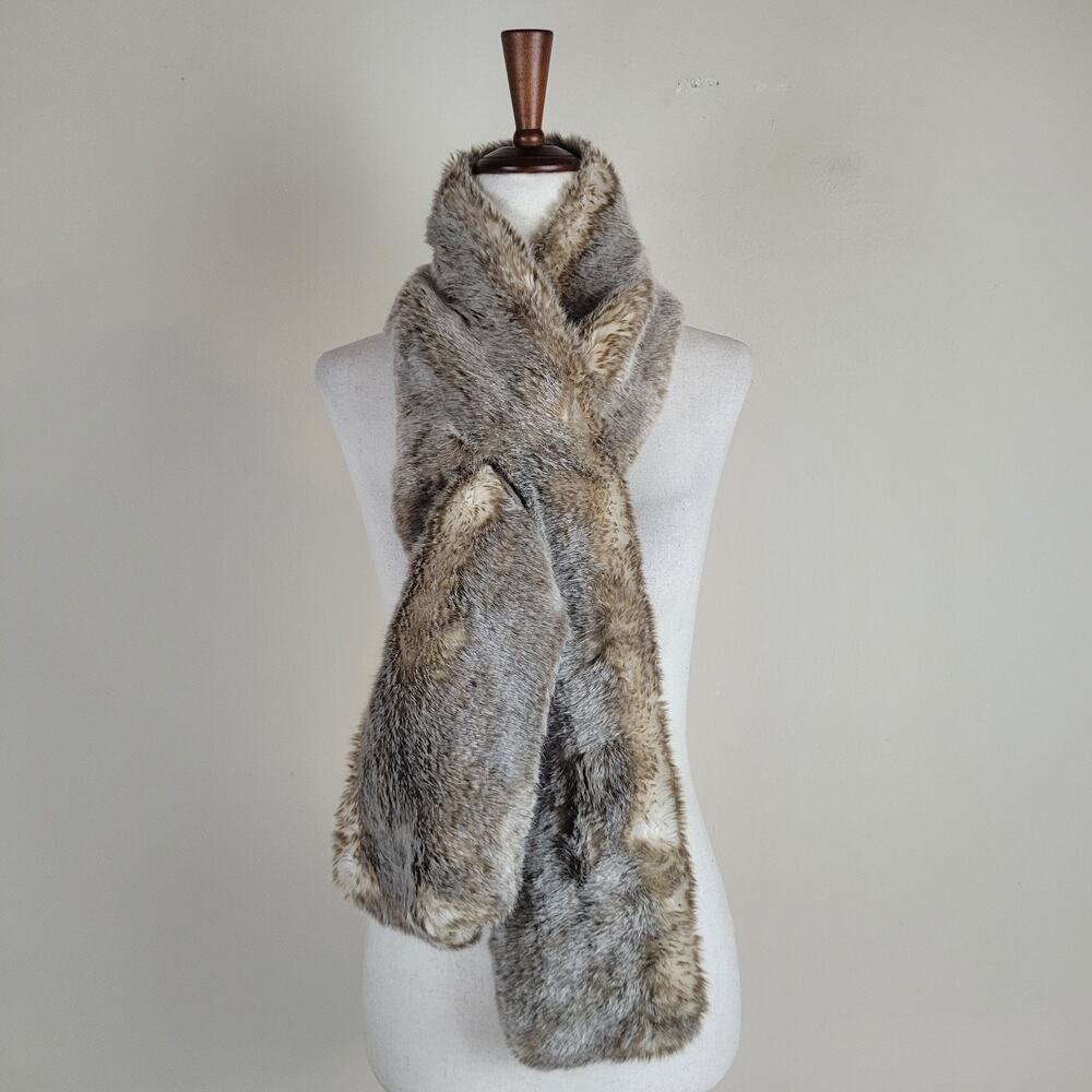 Restoration Hardware Scarf Wrap Gray Faux Fur Neck Warmer Rectangle Soft Fluffy